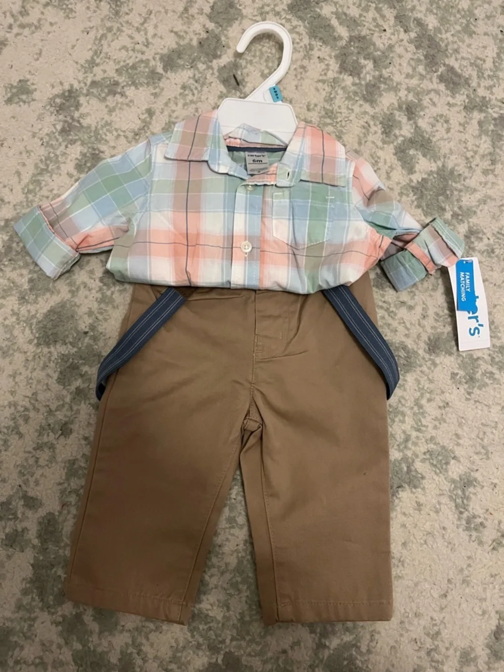 NWT Carter’s Outfit Set Plaid Button Up Khaki Pants Suspenders Pastel